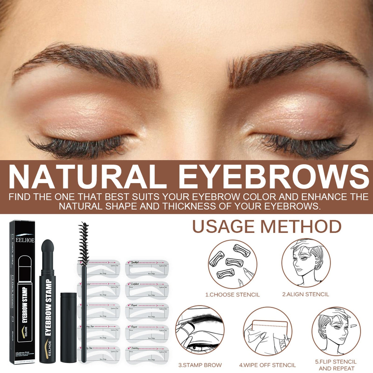 EELHOE Waterproof Eyebrow Pencil Kit — Natural Hairline Brow Stamp Pen with Stencil Card & Brush