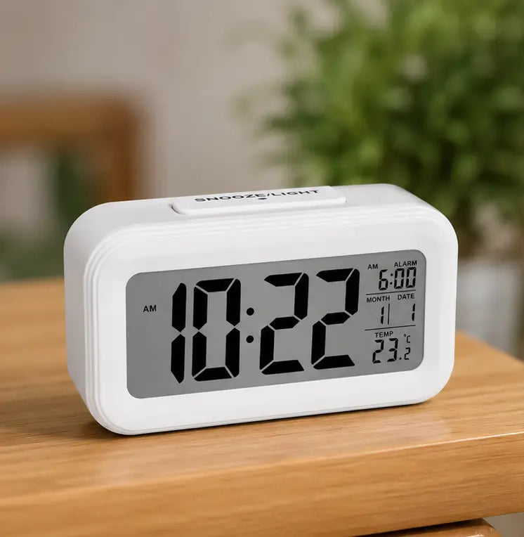 Digital Alarm Clock with Temperature & Date Display – LCD Table Clock with Automatic Sensor, Snooze & Backlight