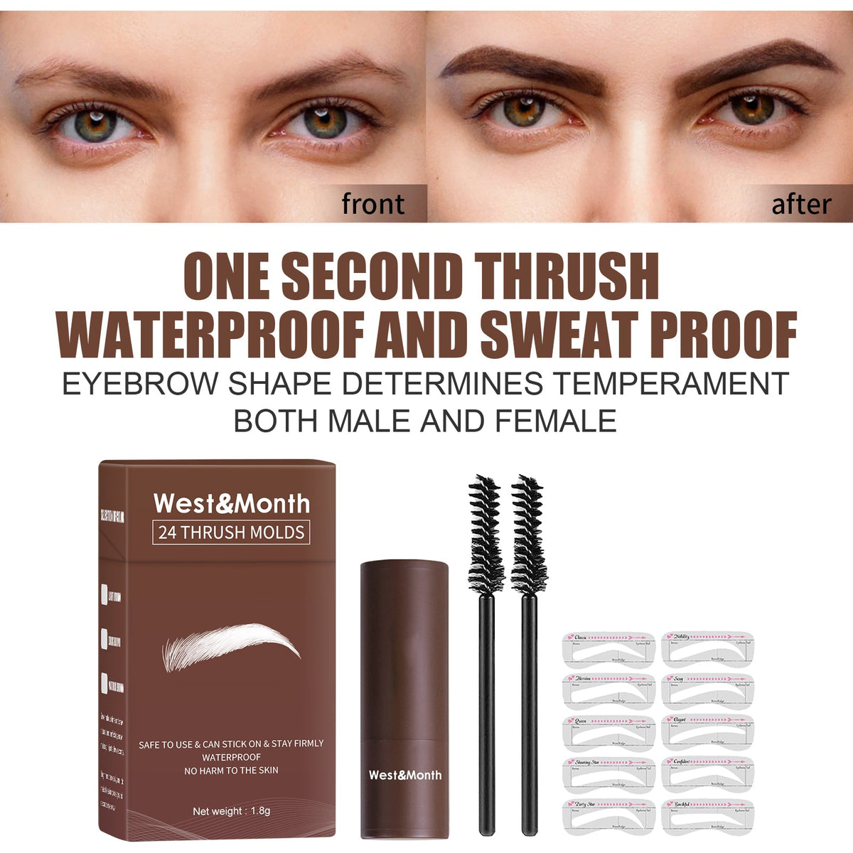 West&month 24-Shape Eyebrow Stencil Kit — Lazy Brow Stamp Powder Set, Waterproof & Smudge-Proof